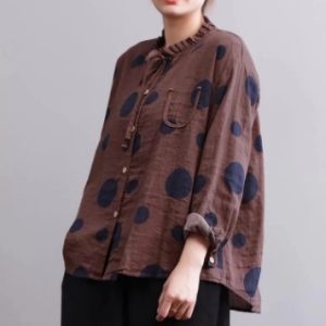 Casual Polka Dot Print Stand Collar Loose Women Blouses
