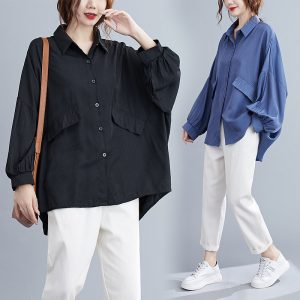 Solid Color Is Easy To Wear Plus Size Women's Shirt With Bat Sleeves Covering Meat Shirt