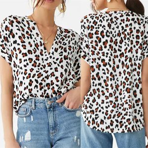 Leopard print short sleeve V-neck chiffon T-shirt