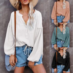 Stitching Lantern Sleeve Buttoned V-neck Casual Ladies Shirt