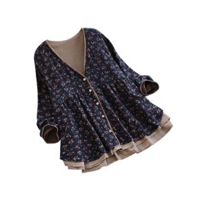Small Floral V-neck  Fake Two Long-sleeved Loose Large Size Blouses