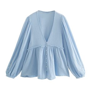Women's Autumn Ruffled Hem V-neck Single-breasted Shirt